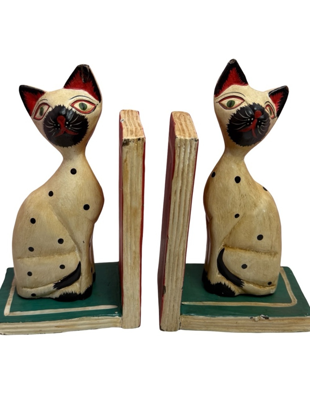 Cat Bookends VTG Set Of 2 Wooden Handmade Sitting Pair Folk Art Handpainted Cats - Picture 3 of 14